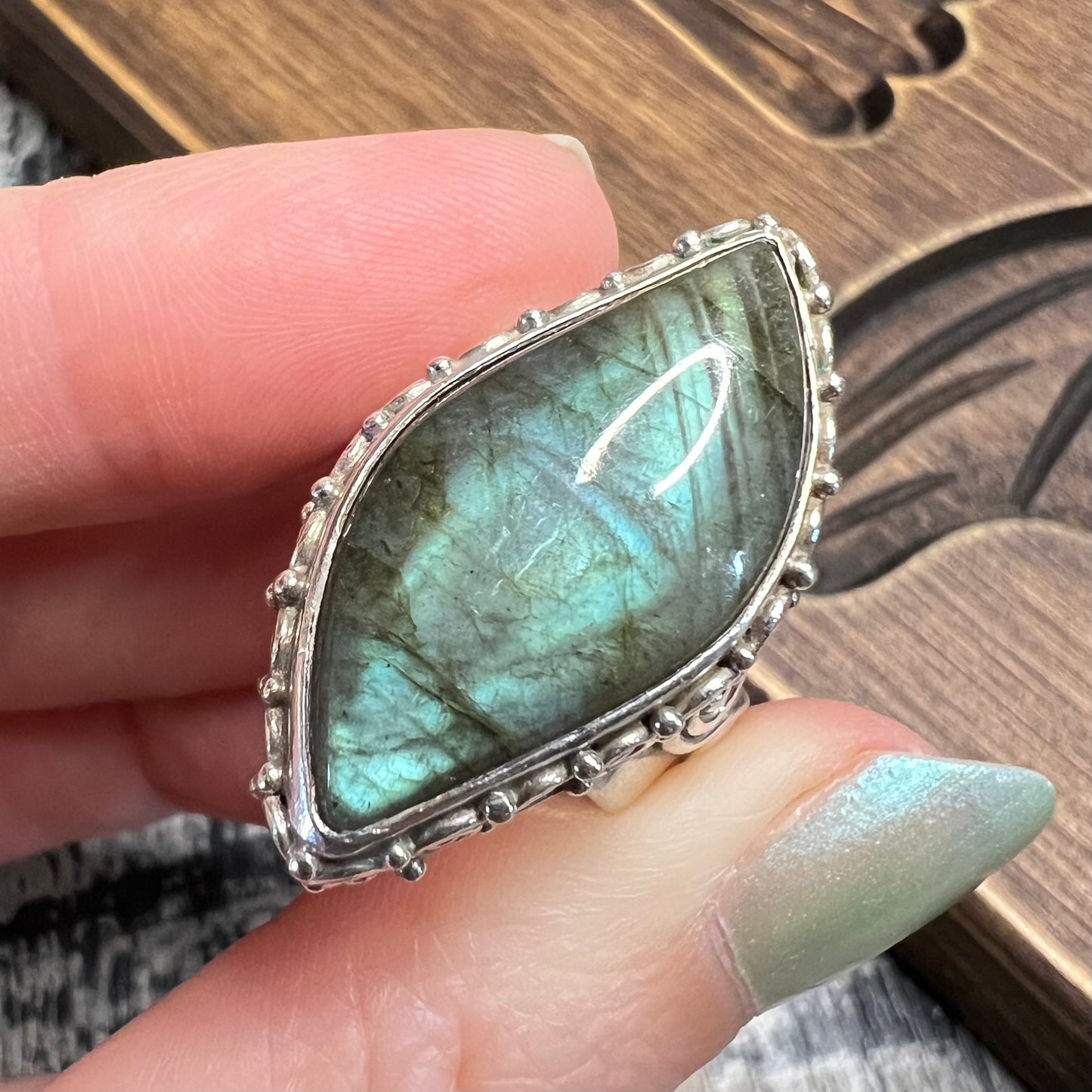 Dreamy Sterling Silver Sajen Ornate Labradorite Ring Size L 1/2 Adjustable