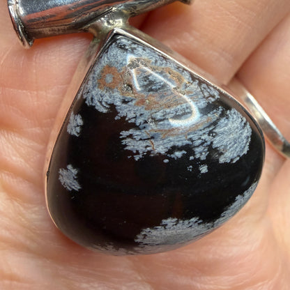 Chunky Sterling Silver Snowflake Obsidian Pendant Necklace