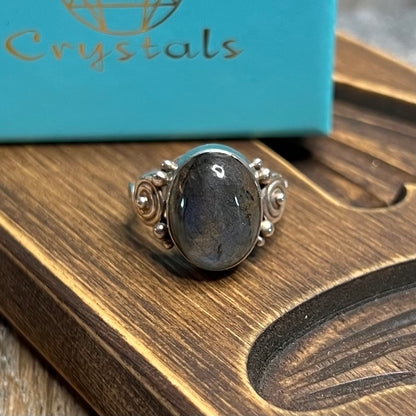 Dreamy Sterling Silver Crystal Shop Labradorite Spiral Ornate Ring Size P 1/2