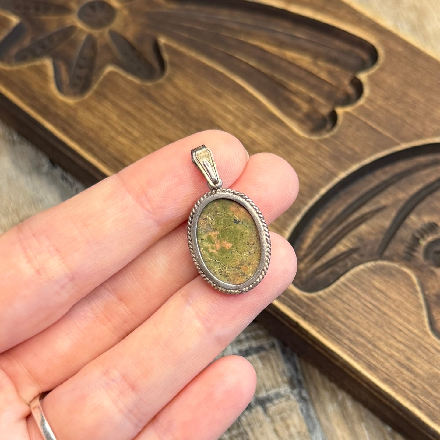 Beautiful Vintage 835 Sterling Silver Unakite Pendant