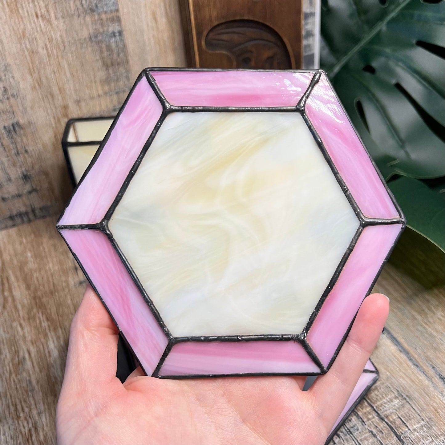 Vintage Handmade and Signed Stained Glass Hexagon Coaster Set