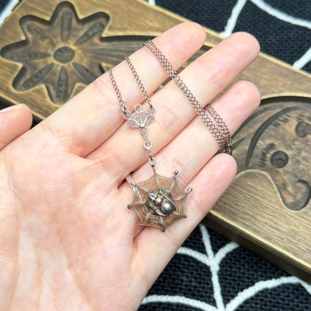 Spooky Vintage Victoriana Sterling Silver Hanging Cobweb Spider Necklace