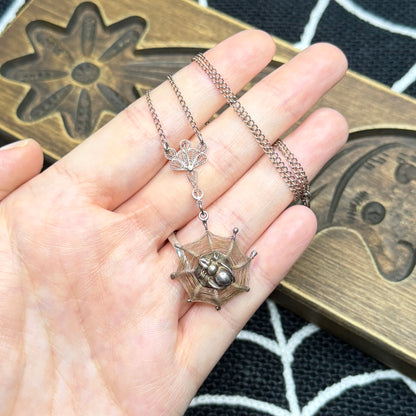 Spooky Vintage Victoriana Sterling Silver Hanging Cobweb Spider Necklace