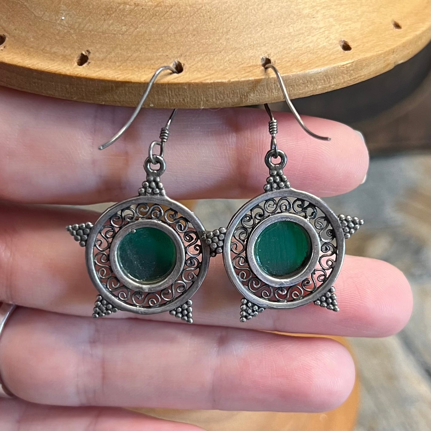 Celestial Star Sterling Silver Green Onyx Filigree Ornate Earrings