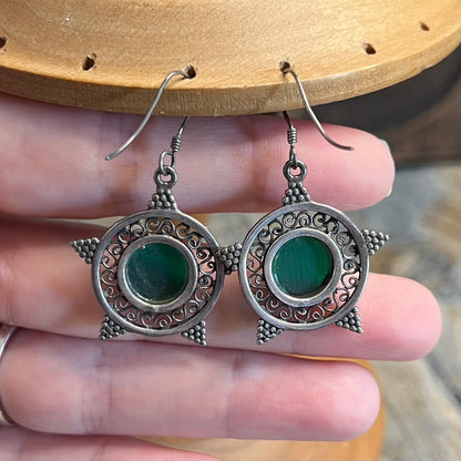Celestial Star Sterling Silver Green Onyx Filigree Ornate Earrings