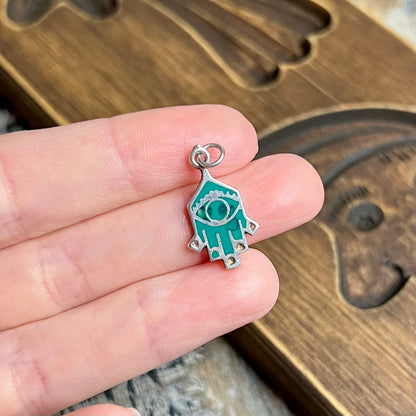 Dreamy Sterling Silver Hamsa Hand Amulet Inlaid All Seeing Eye Charm Pendant