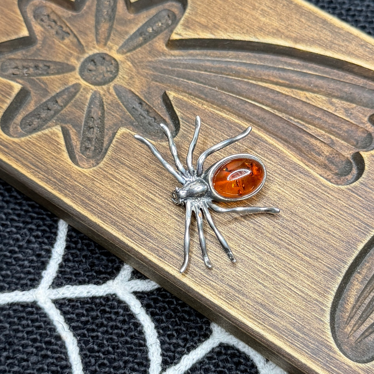 Spooky Sterling Silver Amber Spider Brooch