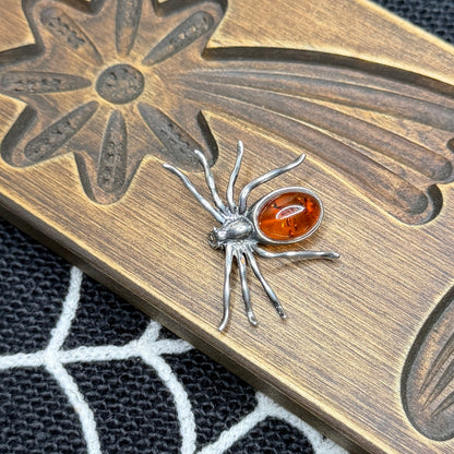 Spooky Sterling Silver Amber Spider Brooch