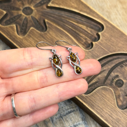 Beautiful Sterling Silver Celtic Green Amber Drop Earrings