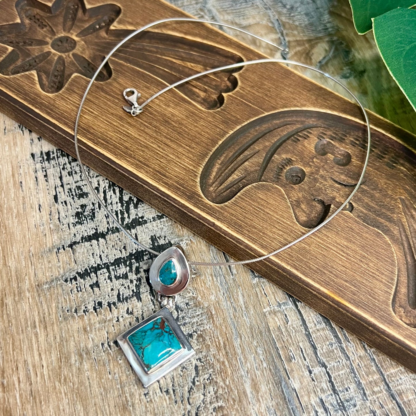 Chunky Sterling Silver Turquoise Modernist Pendant Necklace