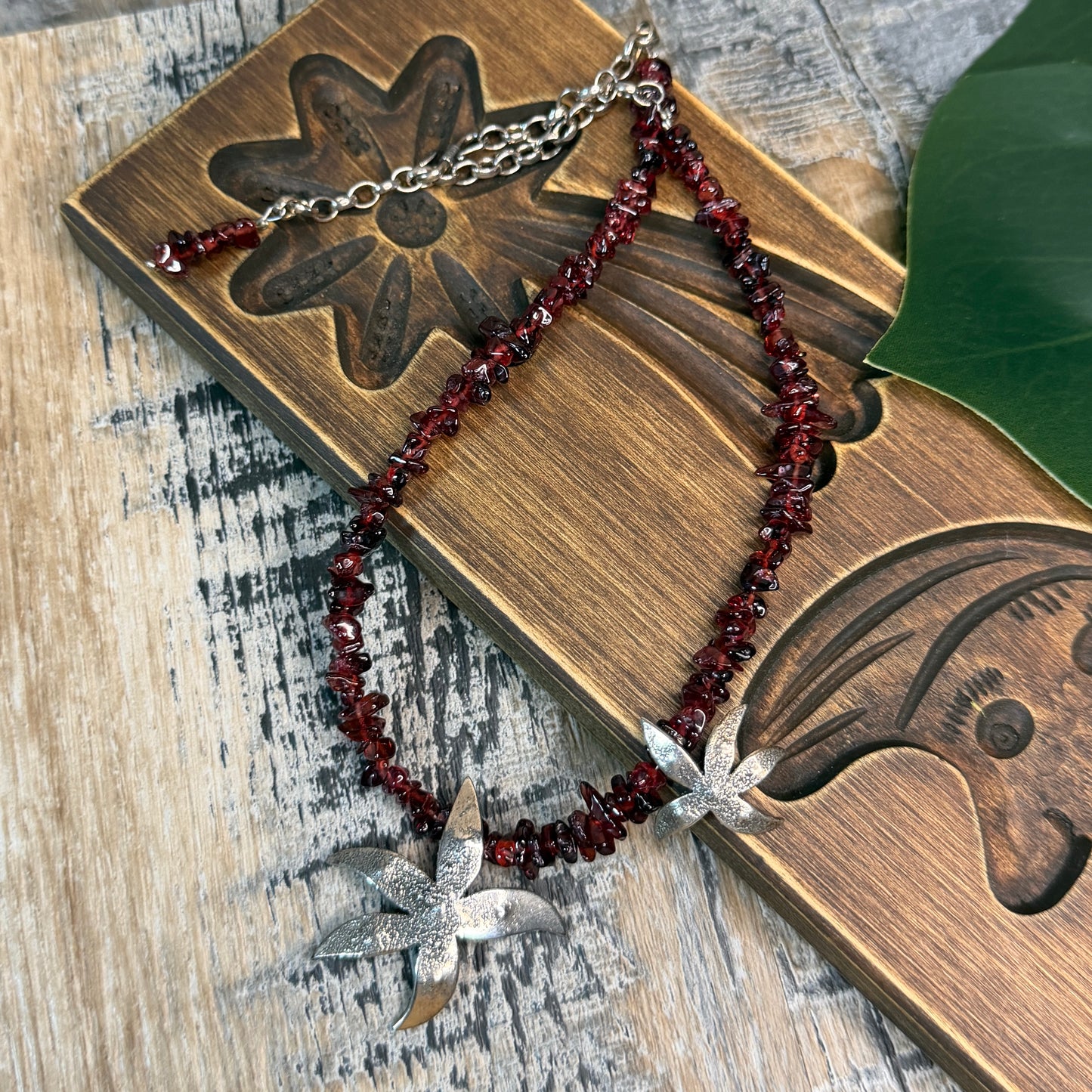 Whimsy Sterling Silver Designer Abstract Flower Garnet Strand Necklace
