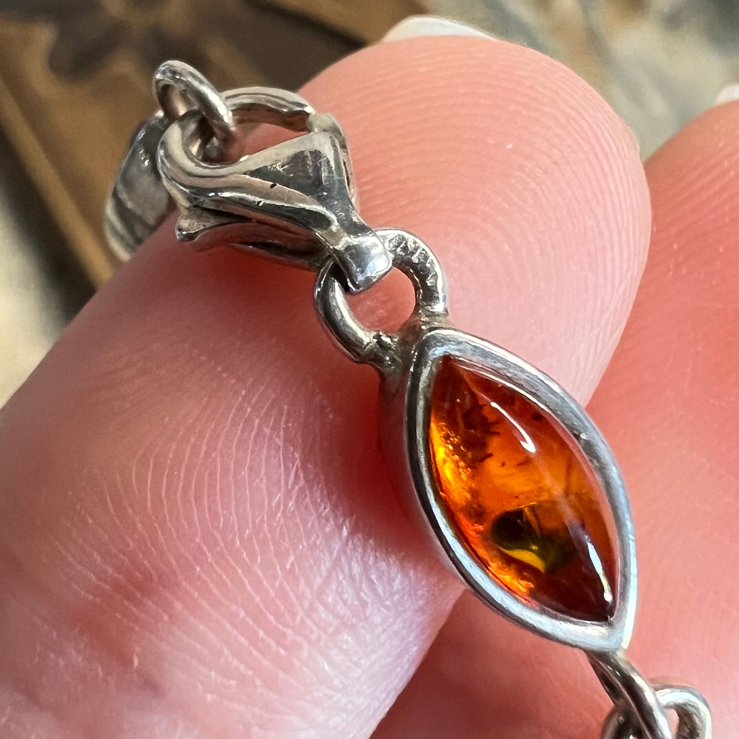 Dreamy Sterling Silver Amber Panel Bracelet 7 Inch Length