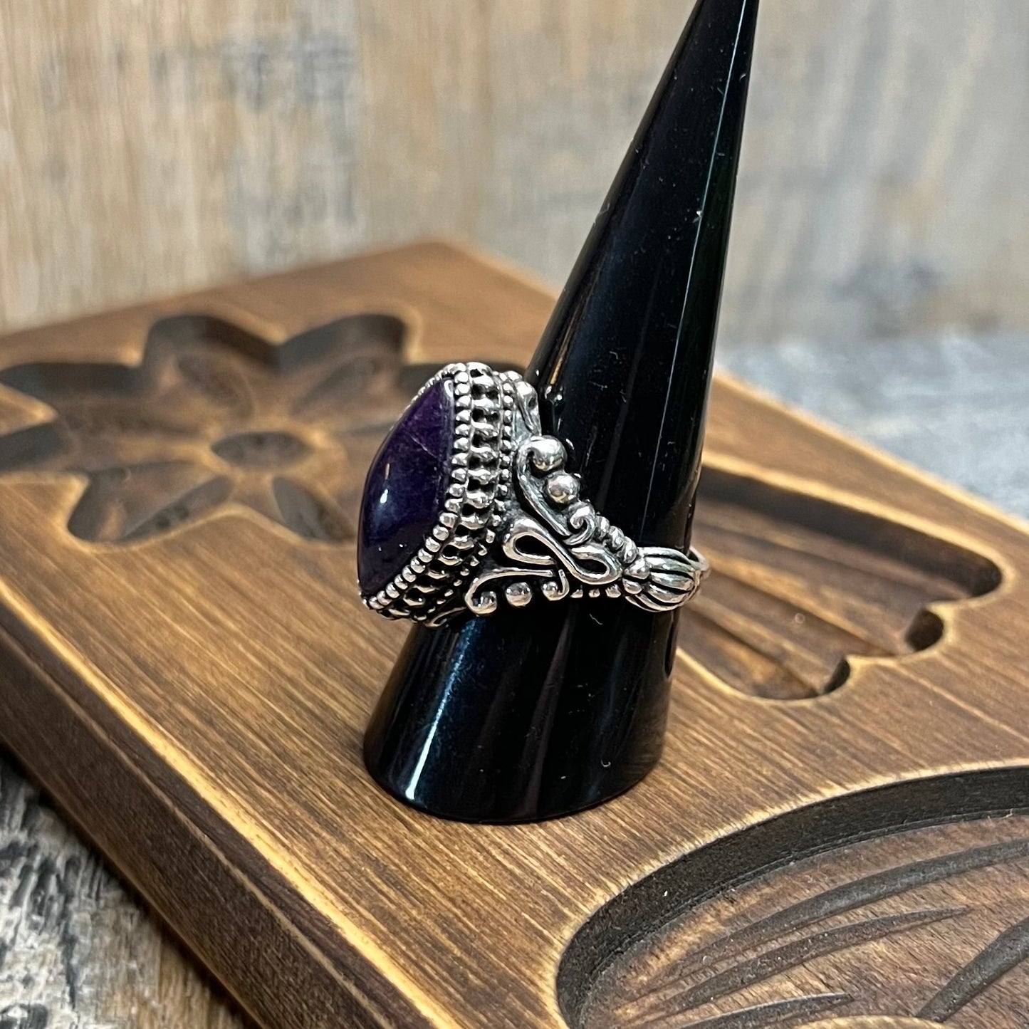 Carolyn Pollack Relios Southwestern Marquise Ornate Sterling Silver Charoite Ring Size Q