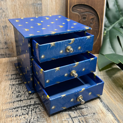 Celestial Moon and Star 90s Mini Three Drawer Storage / Jewellery Box Curio