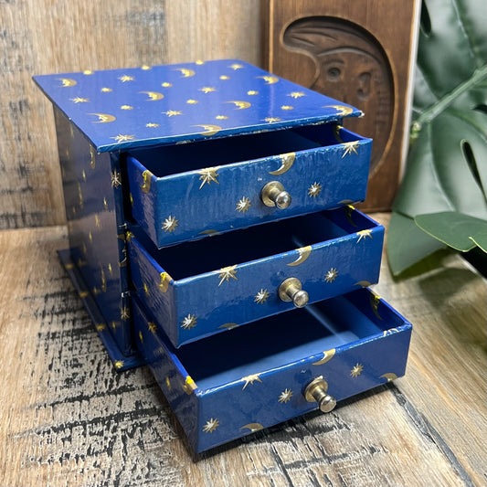 Celestial Moon and Star 90s Mini Three Drawer Storage / Jewellery Box Curio