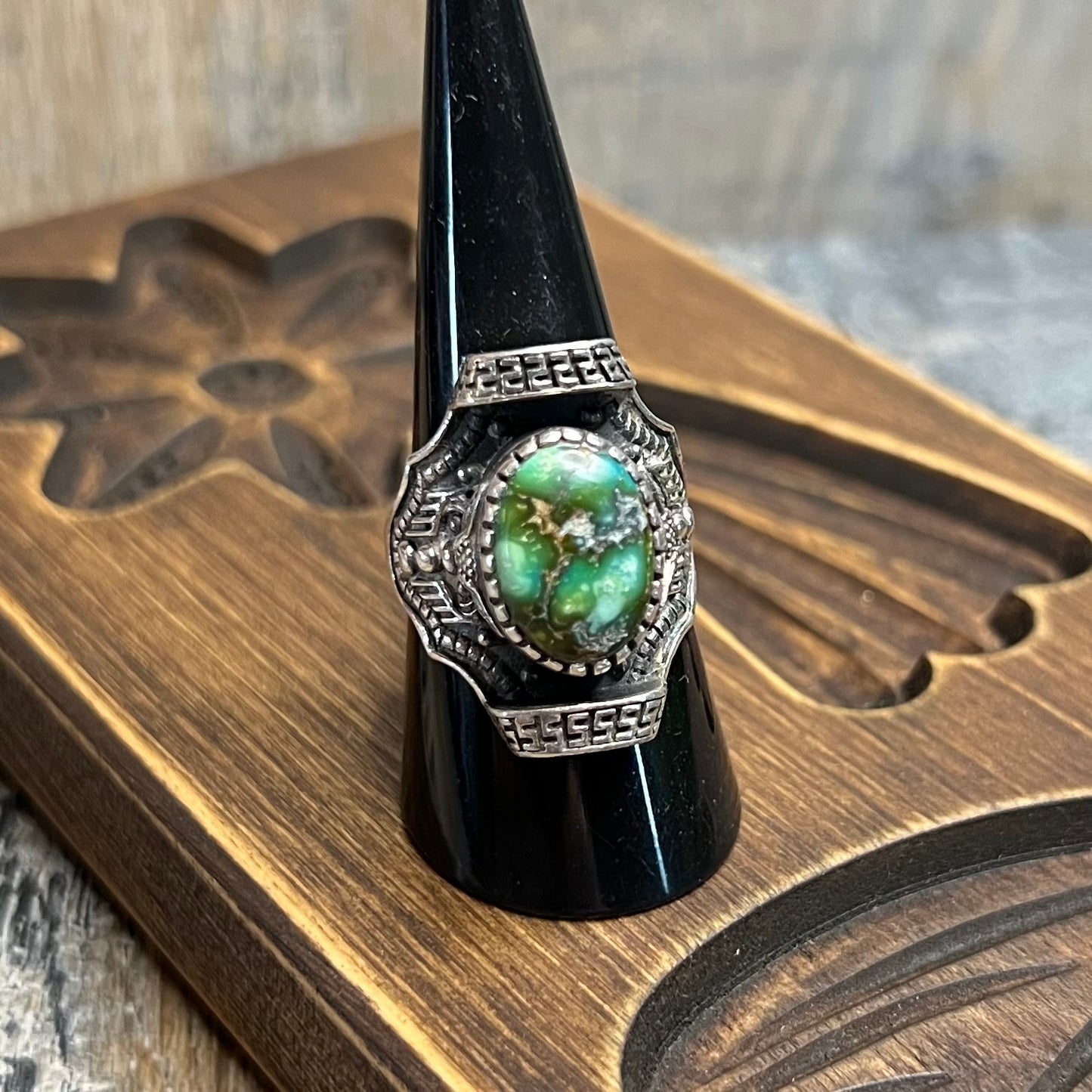 Stunning Sterling Silver Tibetan Green Turquoise Moth / Butterfly Saddle Ring Size Q