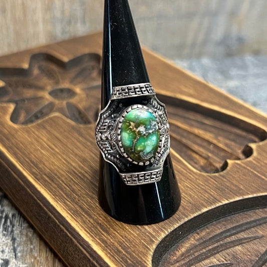 Stunning Sterling Silver Tibetan Green Turquoise Moth / Butterfly Saddle Ring Size Q