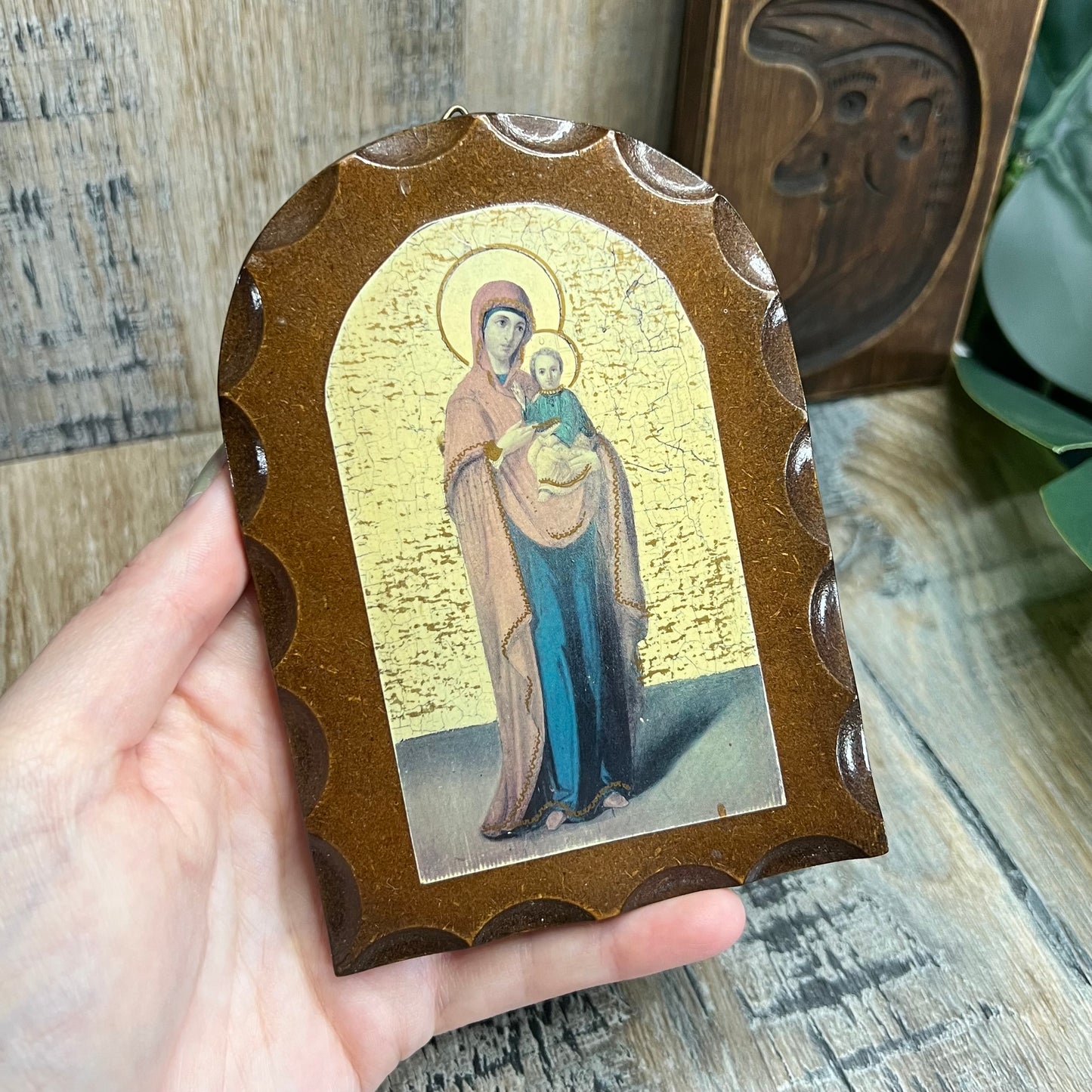 Vintage Religious Icon Virgin Mary Wall Plaque Altar Curio