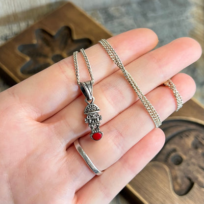 Sterling 950 Silver Peruvian Tumi God Coral Double Sided Pendant Necklace