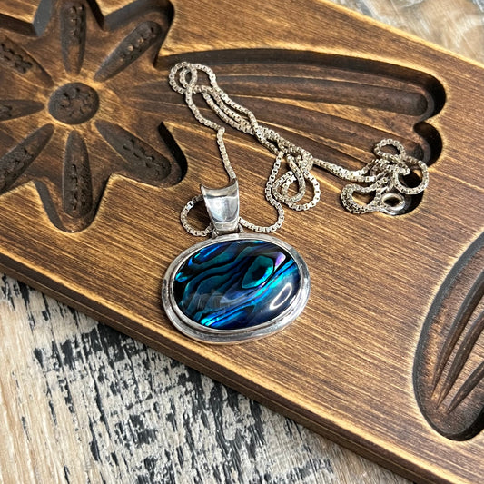 Chunky Sterling Silver Abalone Shell Solid Pendant Necklace