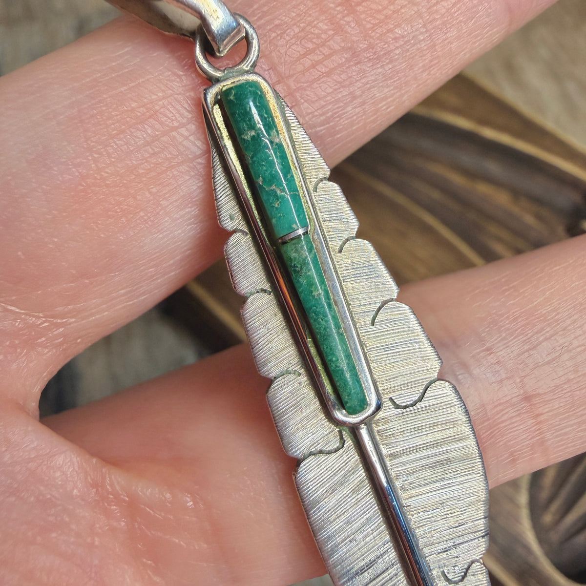 Stunning Large Navajo Michael Kirk Isleta Pueblo Inlaid Green Turquoise Sterling Silver Feather Pendant