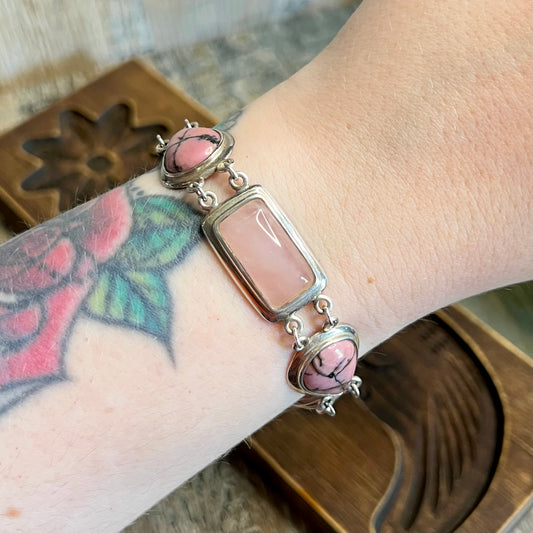 Chunky Whitney Kelly Sterling Silver Rhodonite Rose Quartz Panel Adjustable Length