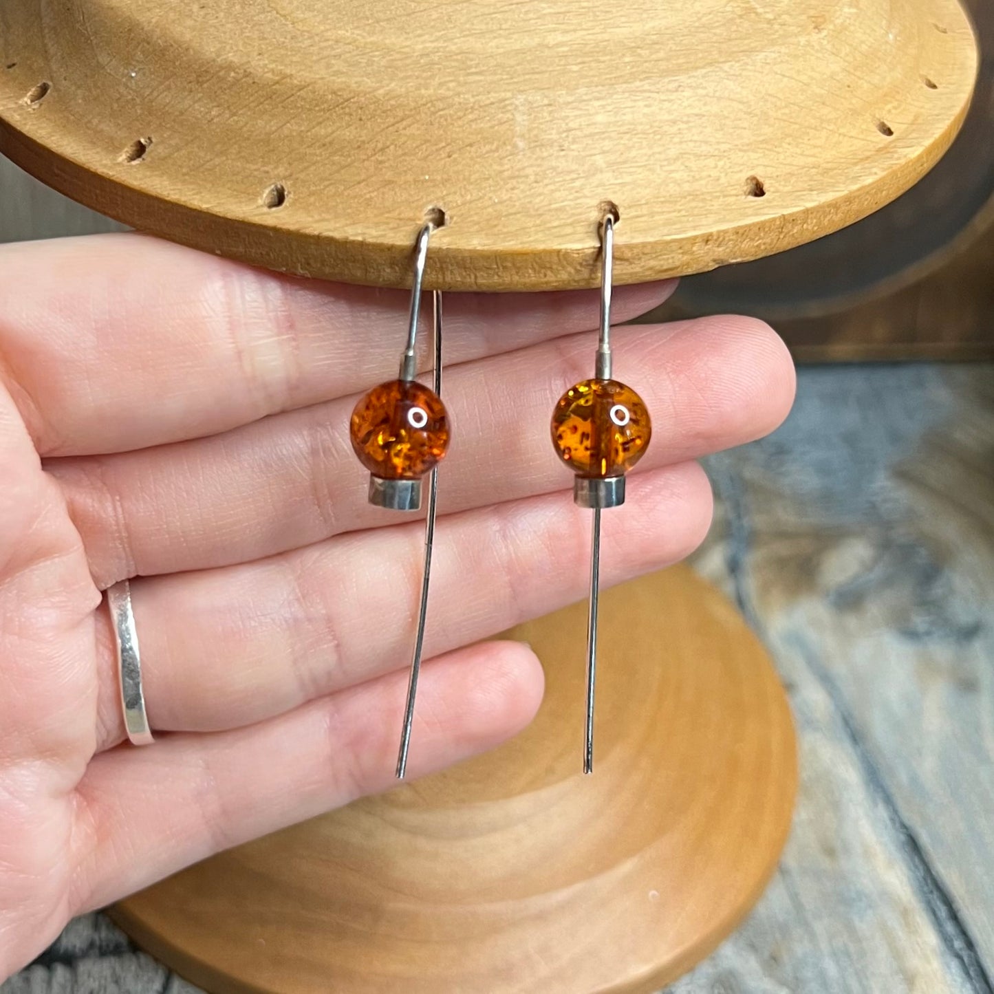 Minimalist Artisan Sterling Silver Amber Orb Wire Earrings