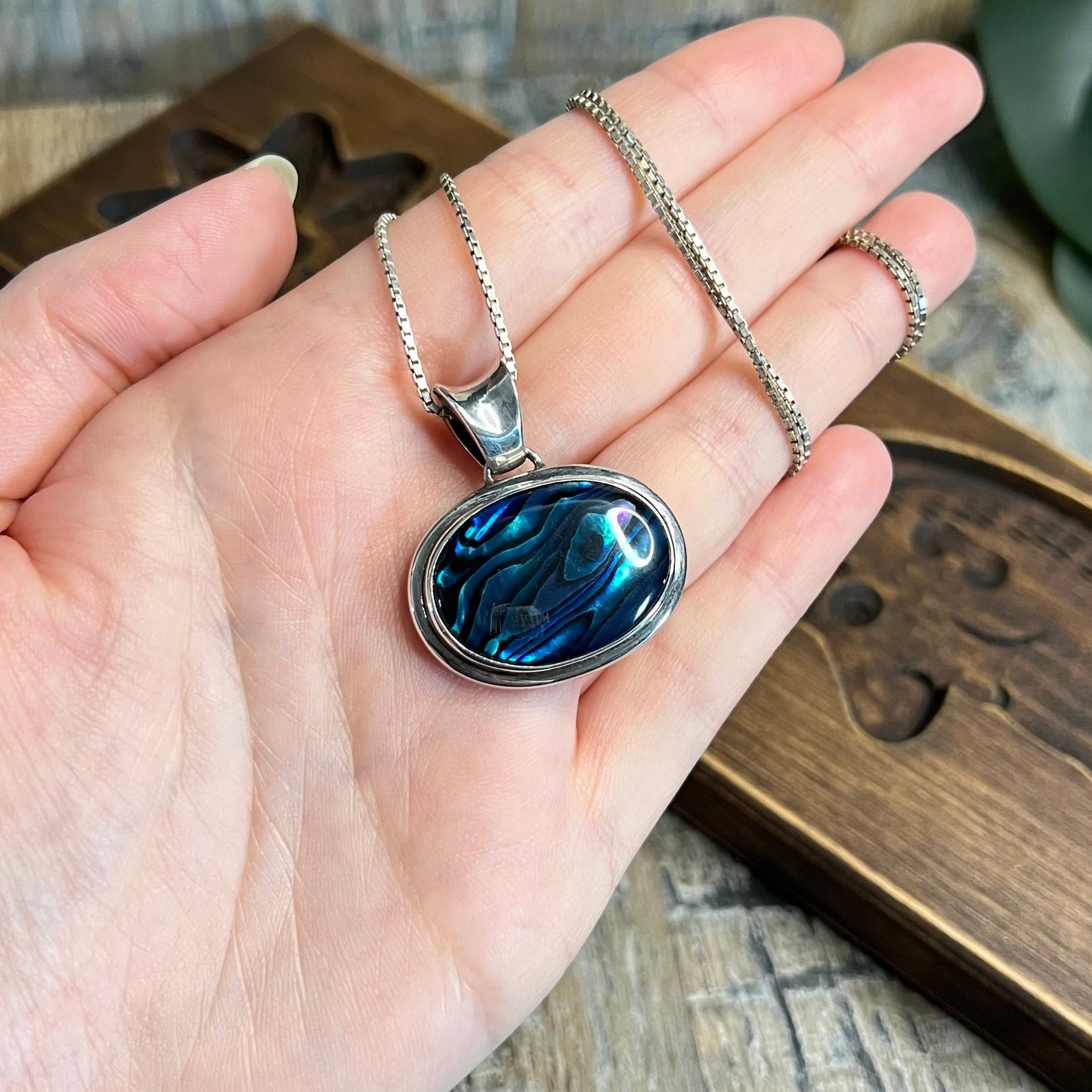 Chunky Sterling Silver Abalone Shell Solid Pendant Necklace