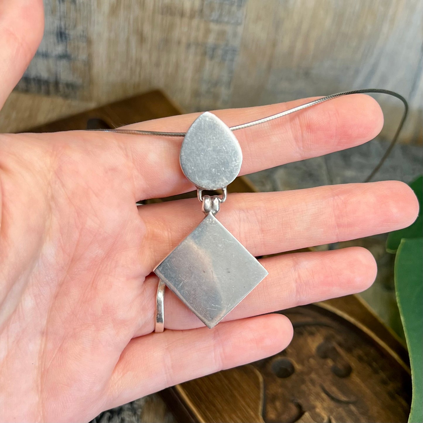 Chunky Sterling Silver Turquoise Modernist Pendant Necklace