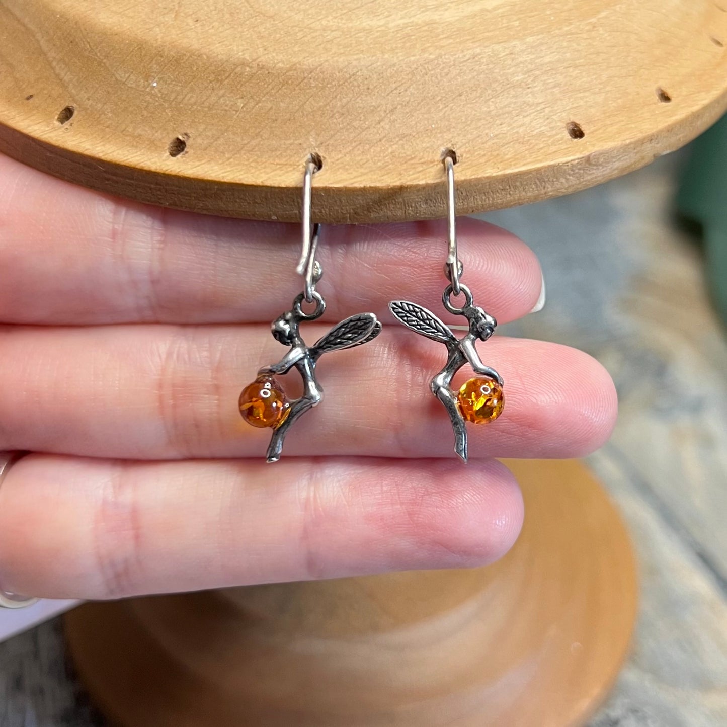 Whimsy Sterling Silver Fairy with Amber Orb Earrings
