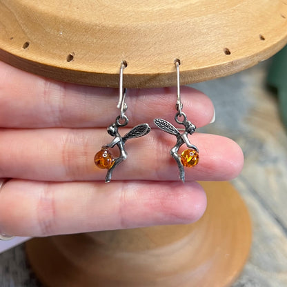 Whimsy Sterling Silver Fairy with Amber Orb Earrings