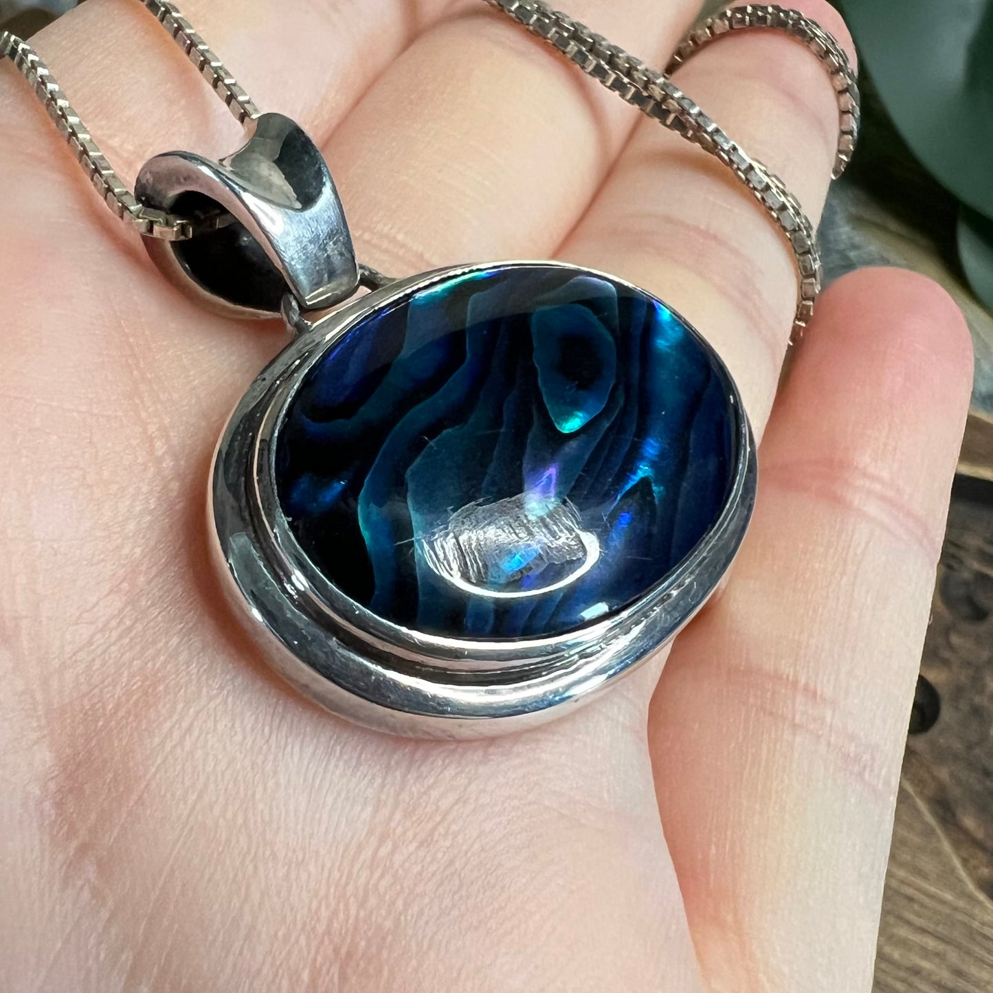 Chunky Sterling Silver Abalone Shell Solid Pendant Necklace