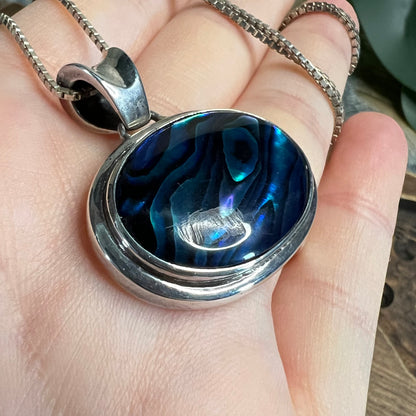 Chunky Sterling Silver Abalone Shell Solid Pendant Necklace