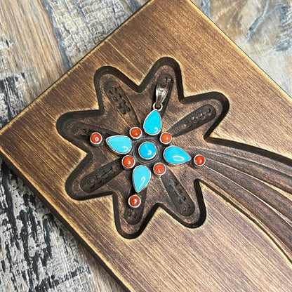 Dreamy Sterling Silver Turquoise Coral Southwestern Style Cross Pendant