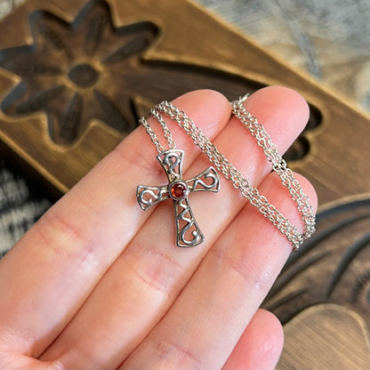 Sterling Silver Garnet Celtic / Gothic Ornate Pendant Necklace
