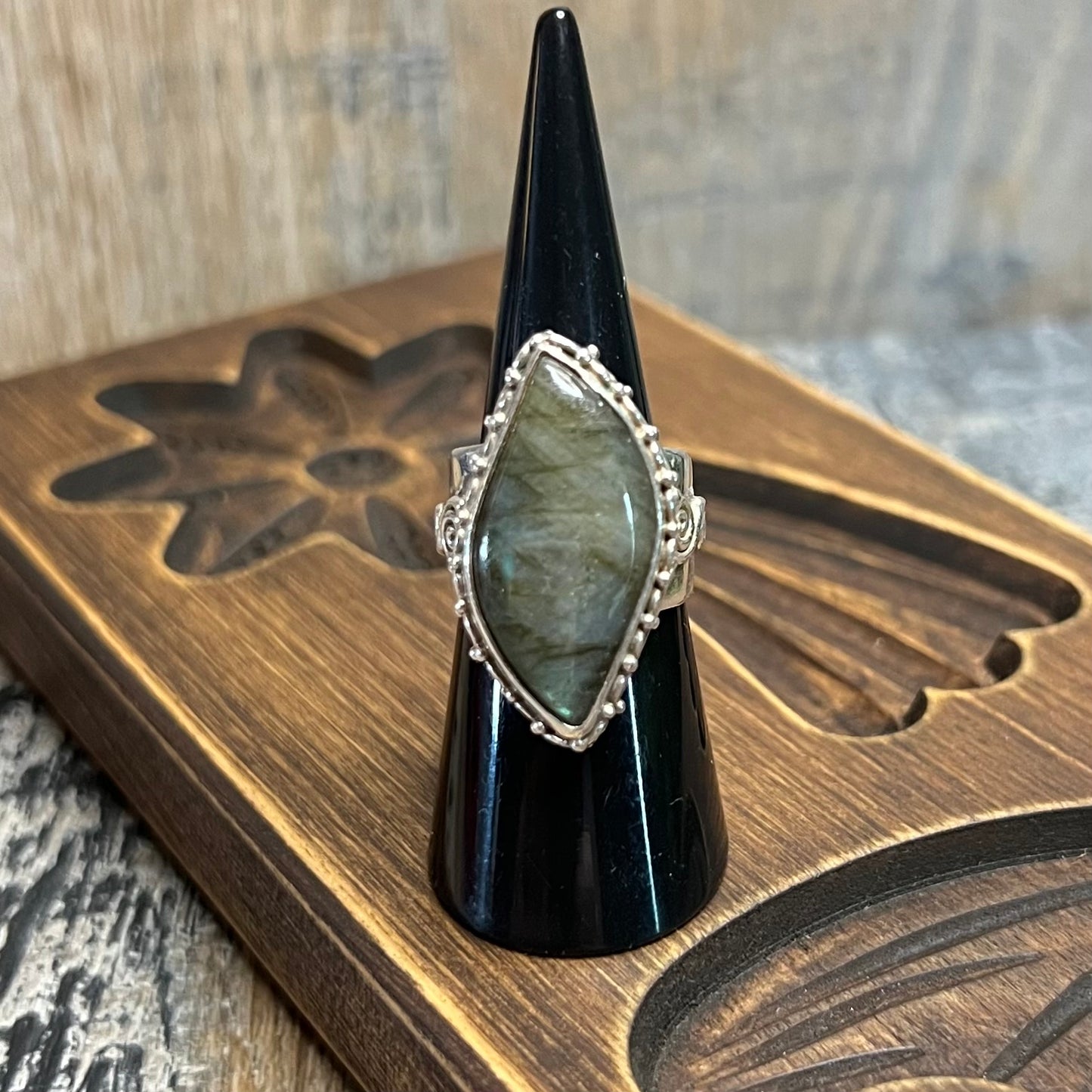 Dreamy Sterling Silver Sajen Ornate Labradorite Ring Size L 1/2 Adjustable