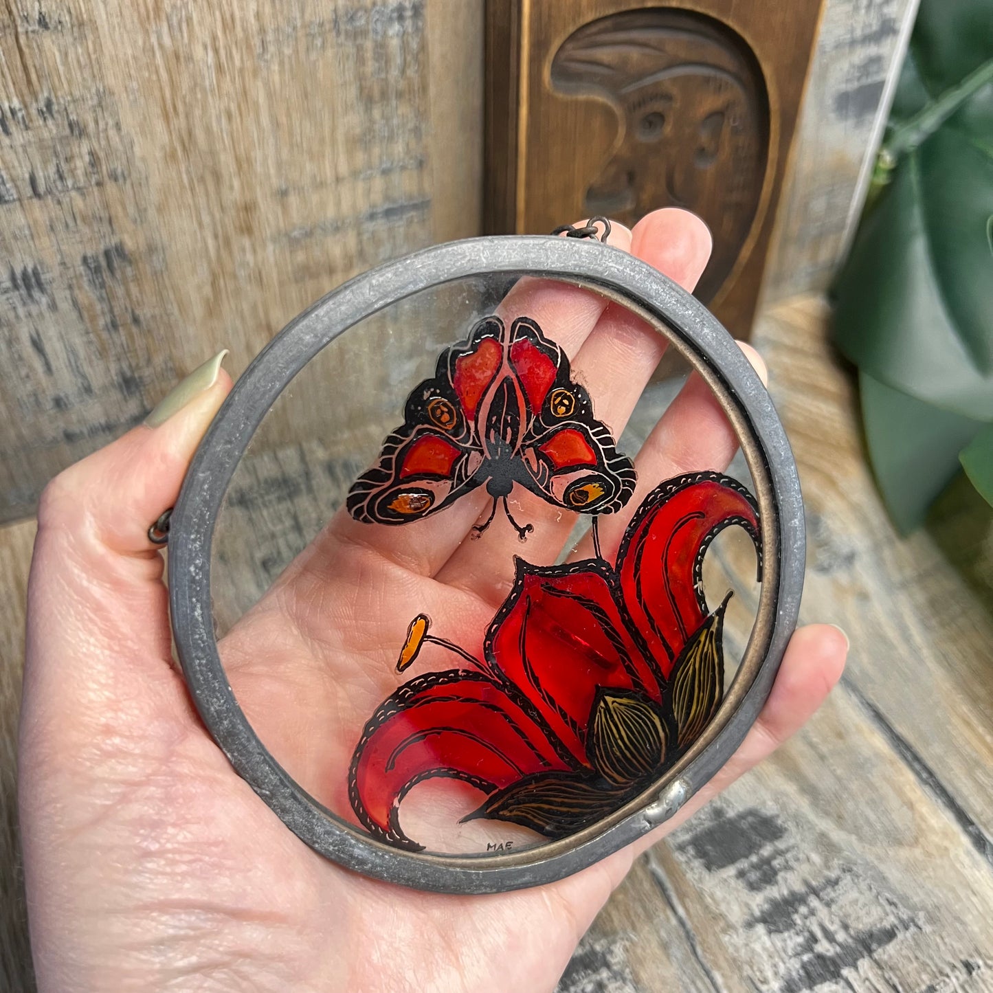Vintage Handmade Hanging Stained Glass Signed Suncatcher Curio