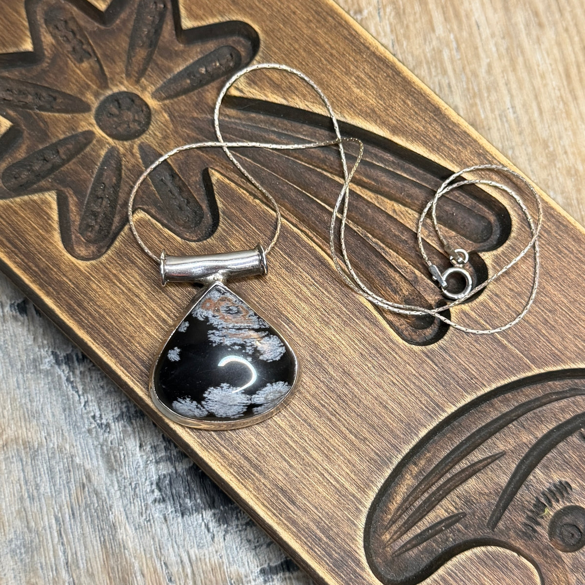 Chunky Sterling Silver Snowflake Obsidian Pendant Necklace