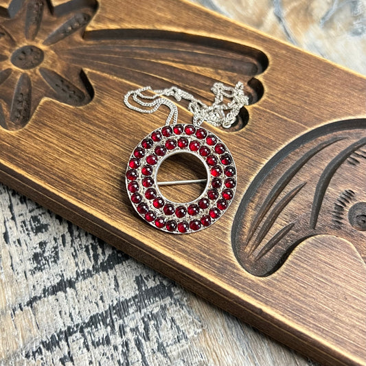 Vintage Sterling Silver Blood Red Garnet Round Cabochon Multi Use Pendant / Brooch Necklace