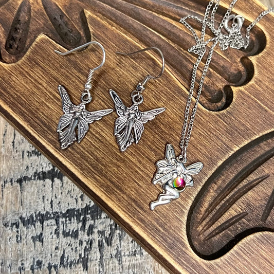 Whimsy 90s Fairy Silver Tone Pendant Necklace and Earrings Set