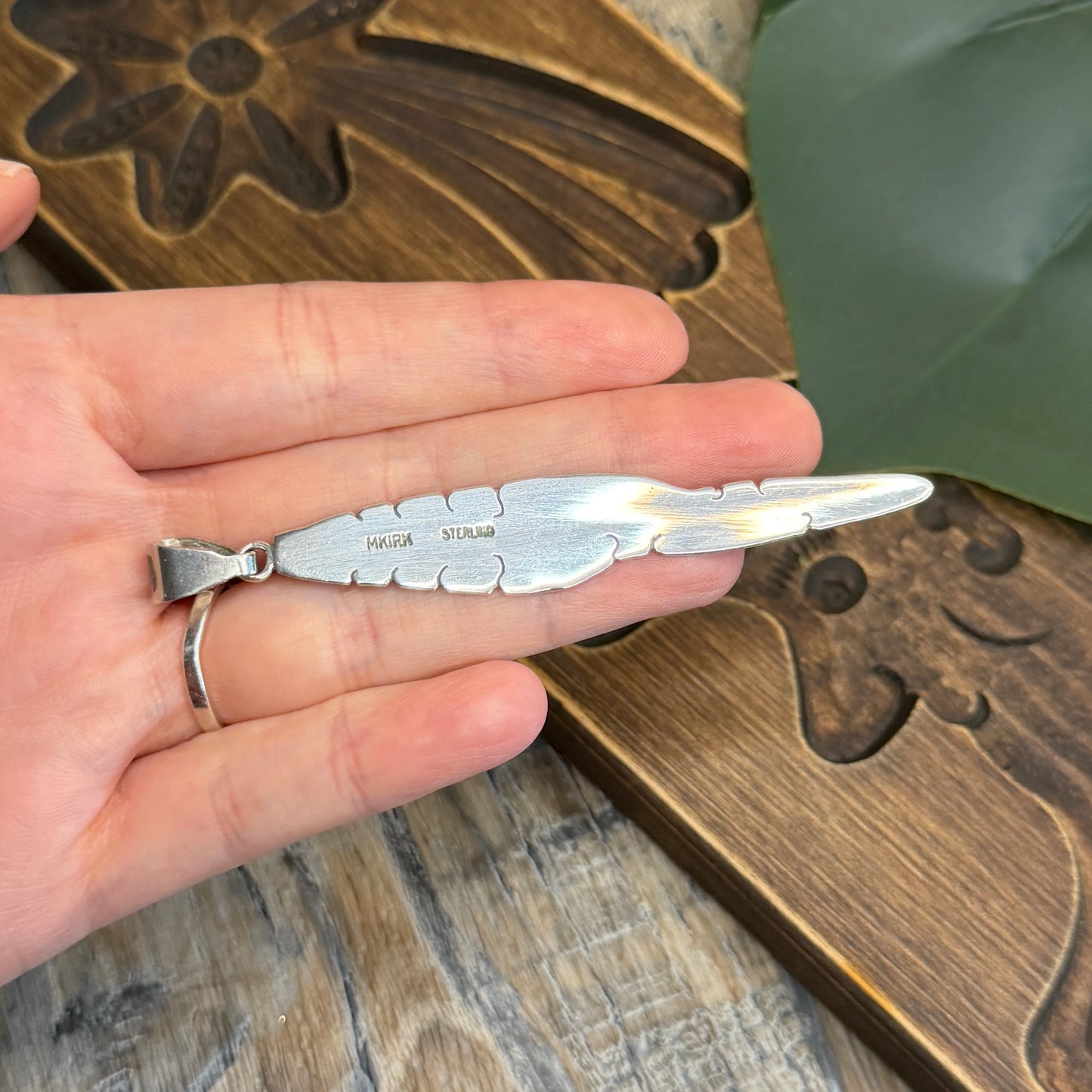 Stunning Large Navajo Michael Kirk Isleta Pueblo Inlaid Green Turquoise Sterling Silver Feather Pendant