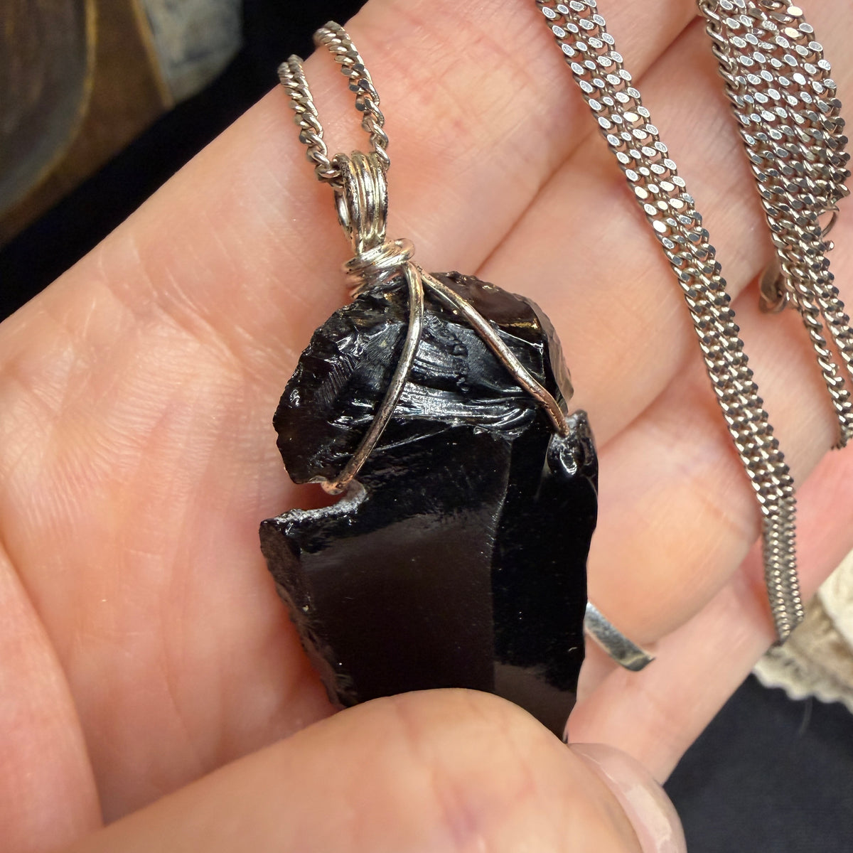 Magical Raw Black Obsidian Wire Wrapped Arrowhead with Sterling Silver 26 Inch Chain