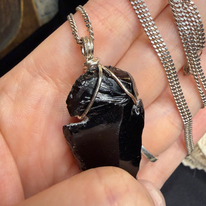 Magical Raw Black Obsidian Wire Wrapped Arrowhead with Sterling Silver 26 Inch Chain