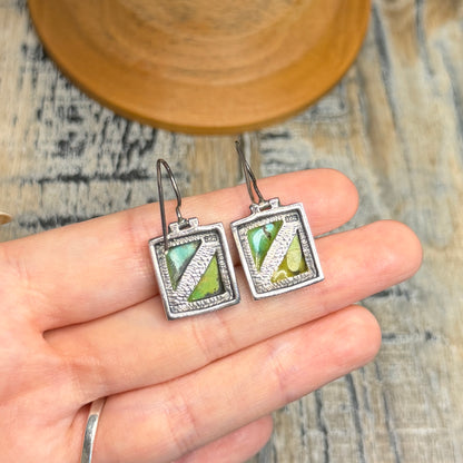 Beautiful Sterling Silver Two Tone Inlaid Turquoise Articulated Earrings
