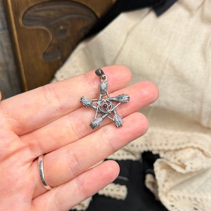 Spooky Sterling Silver Amethyst Witches Broom Pentagram Pendant