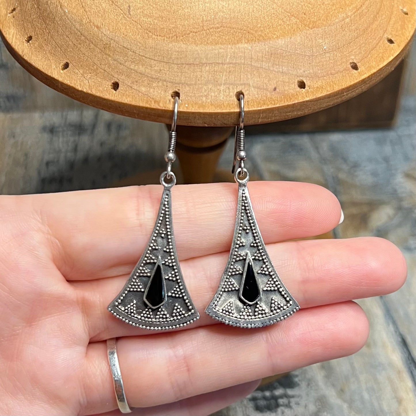 Dreamy Sterling Silver Boho Black Onyx Ornate Earrings
