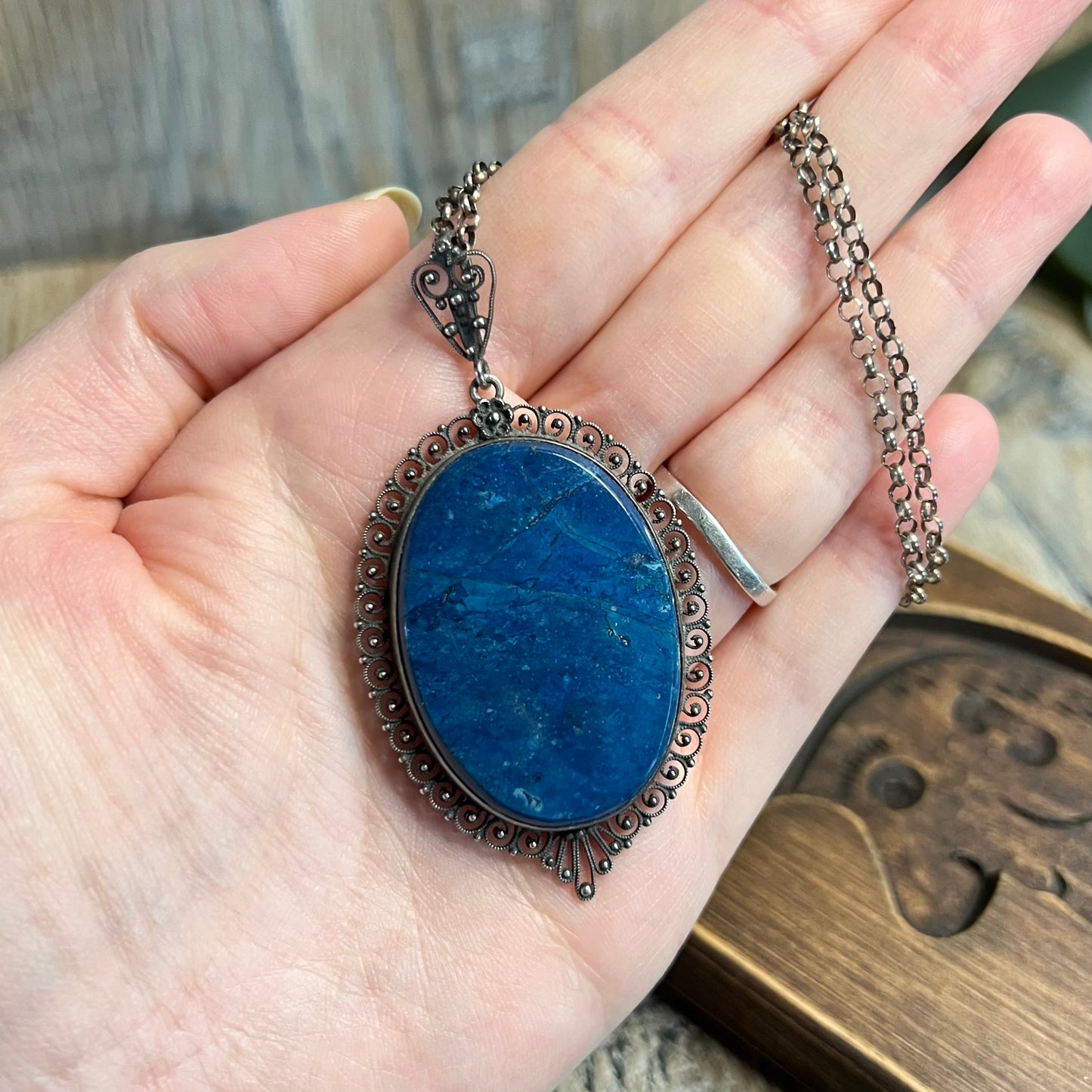 Antique Large Cannetille Filigree Silver Lapis Lazuli Cabochon Pendant Necklace