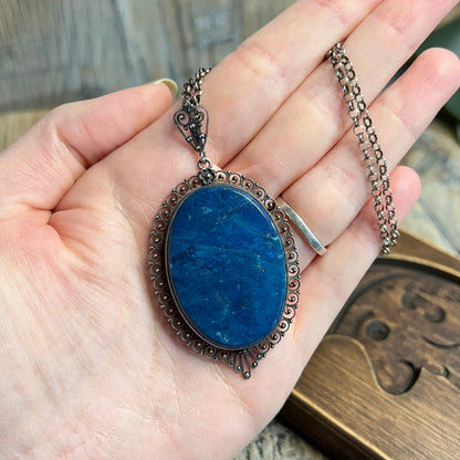 Antique Large Cannetille Filigree Silver Lapis Lazuli Cabochon Pendant Necklace