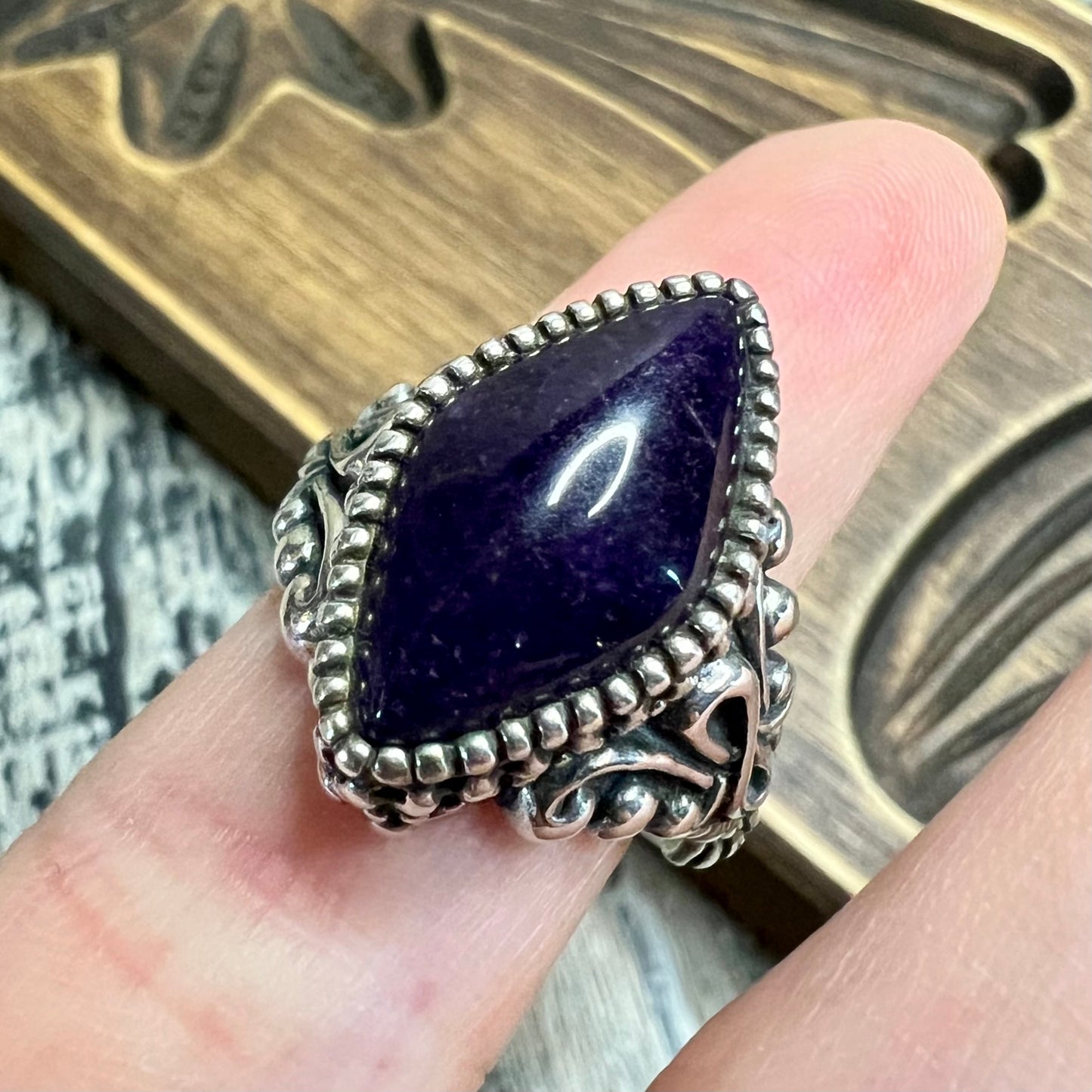 Carolyn Pollack Relios Southwestern Marquise Ornate Sterling Silver Charoite Ring Size Q