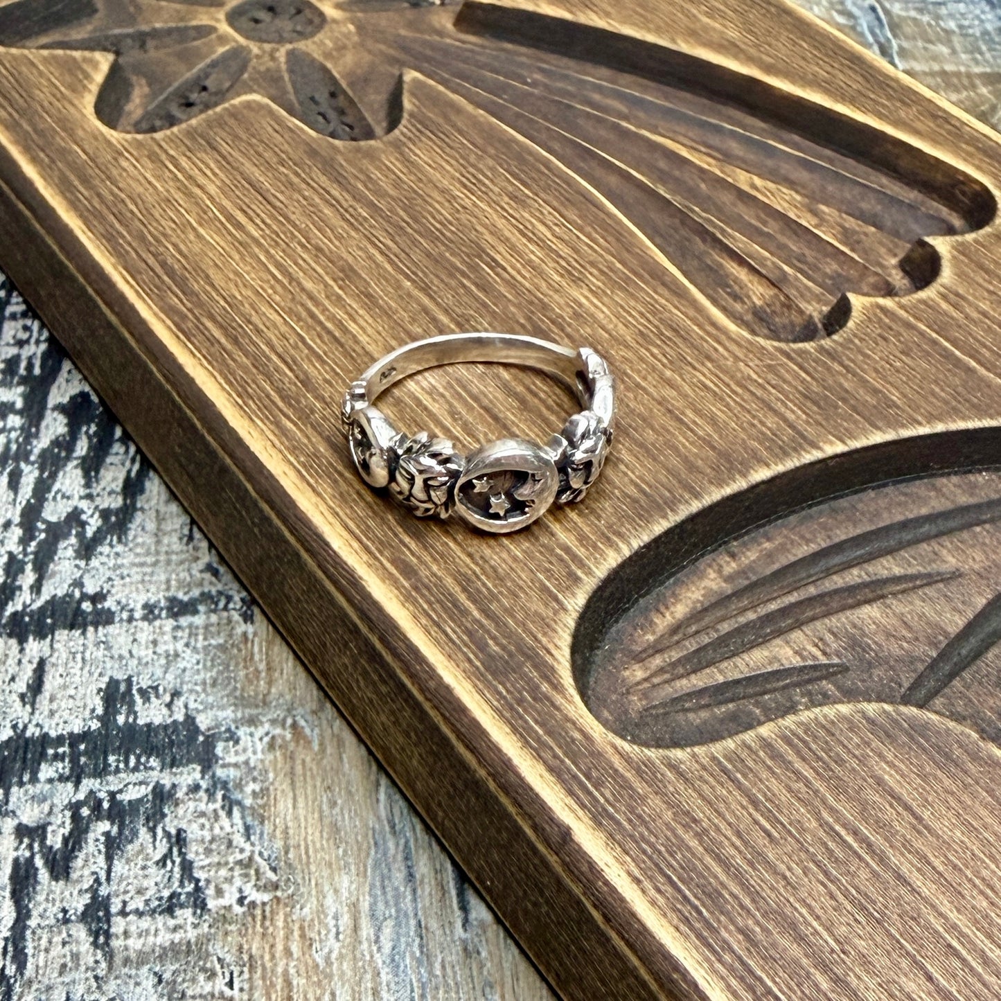 Whimsy Celestial Sterling Silver Moon / Sun / Stars Half Band Ring size O